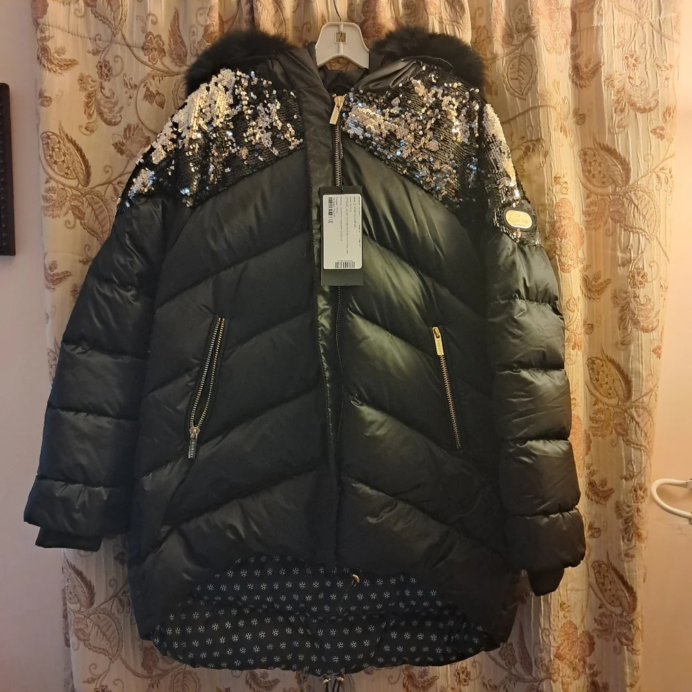 Gorski Coat Women's Medium M Apres Ski Coat Sequins High Low Puffer Winter NEW - Picture 4 of 16